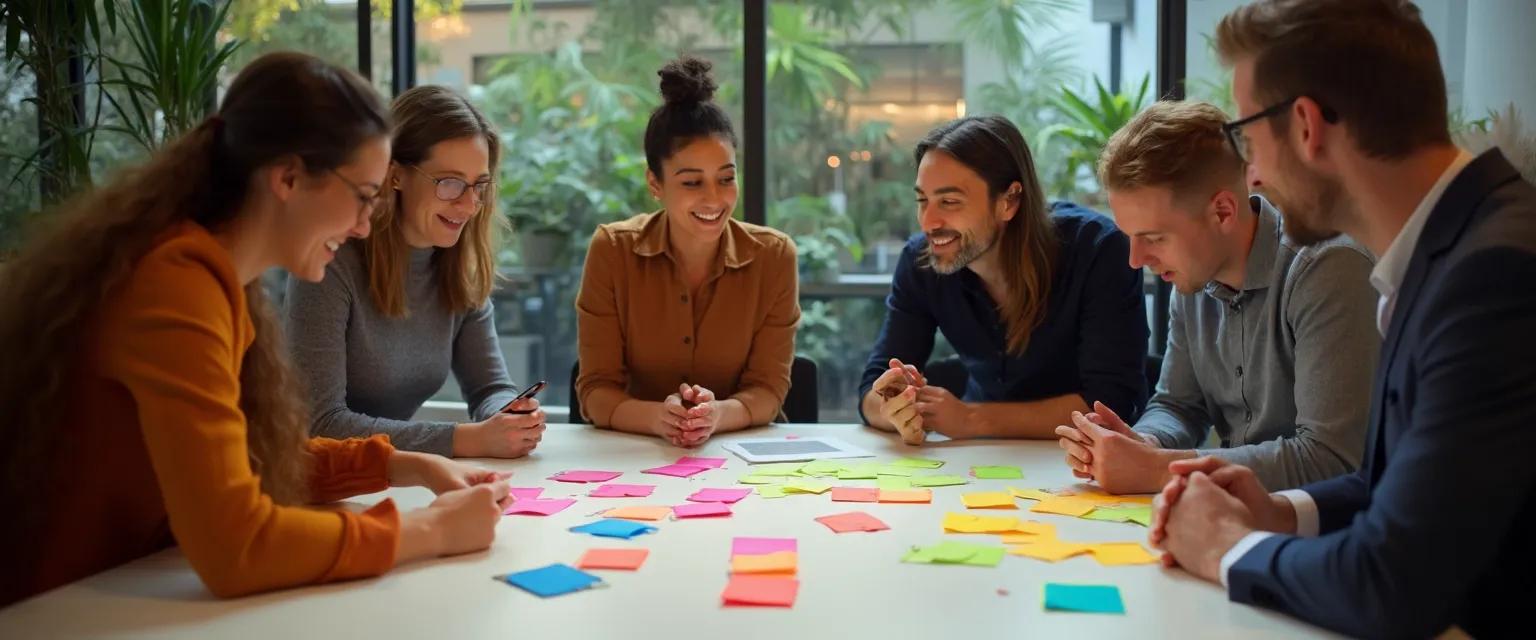 Team members engaging in emotional intelligence and team building activities in an office meeting