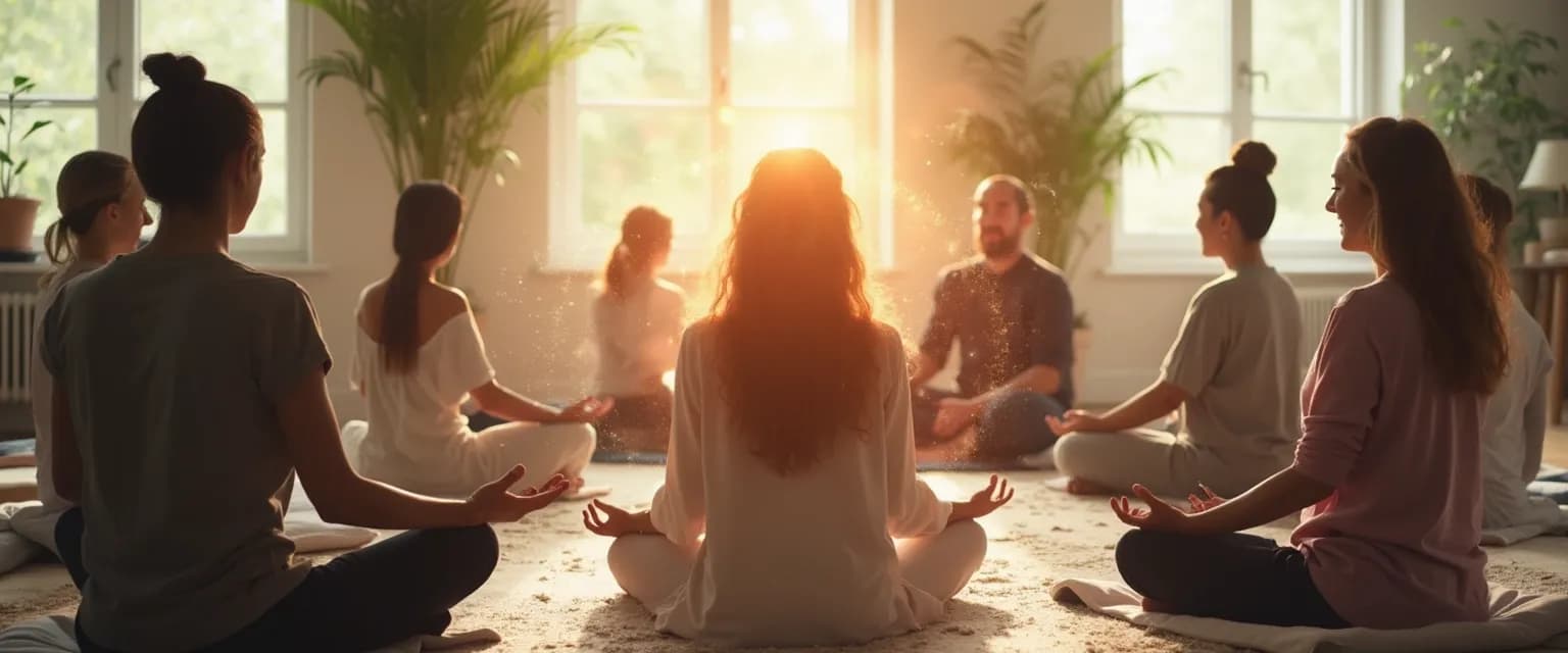 People experiencing One Giant Mind collective meditation benefits in a group setting