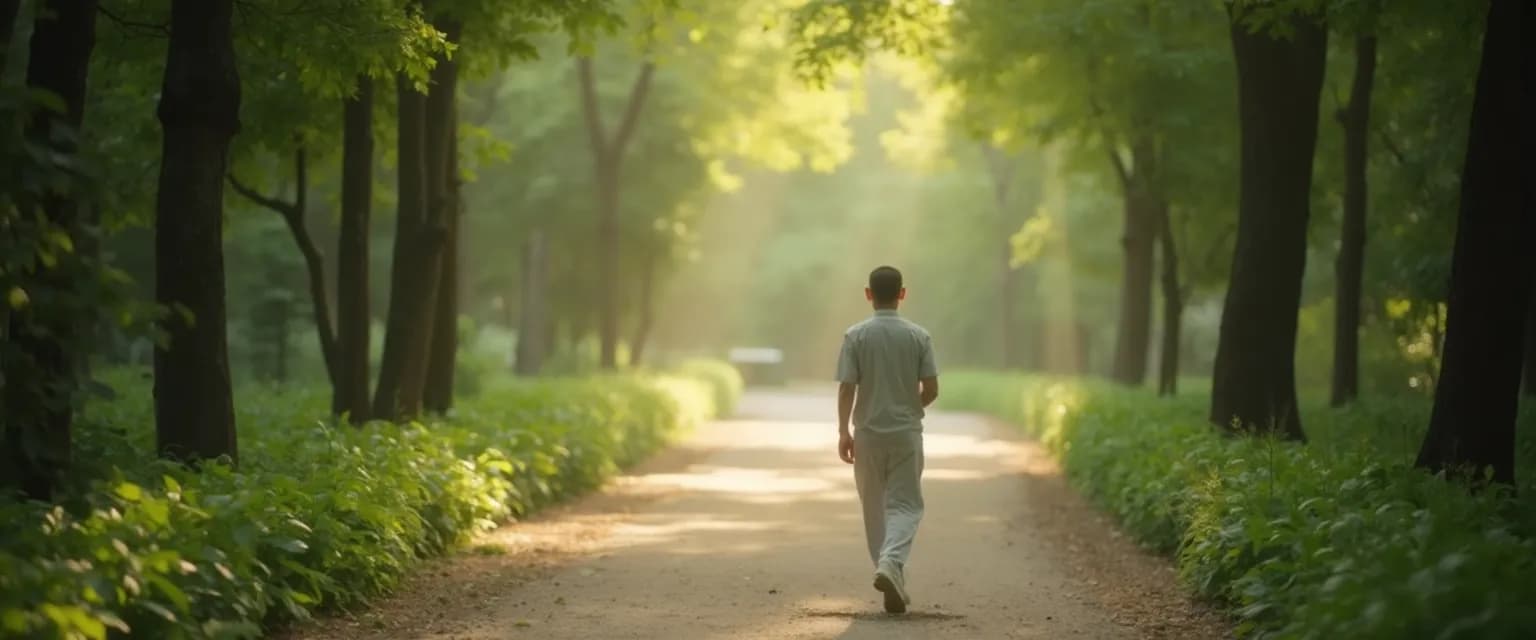 Person practicing Thich Nhat Hanh's mindfulness walking meditation in a peaceful setting