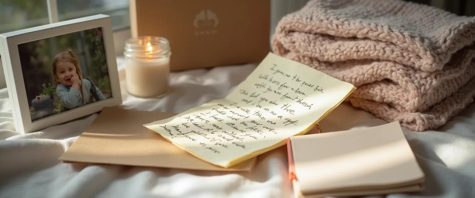 Thoughtful care package with memory-honoring items for what to get for someone who is grieving