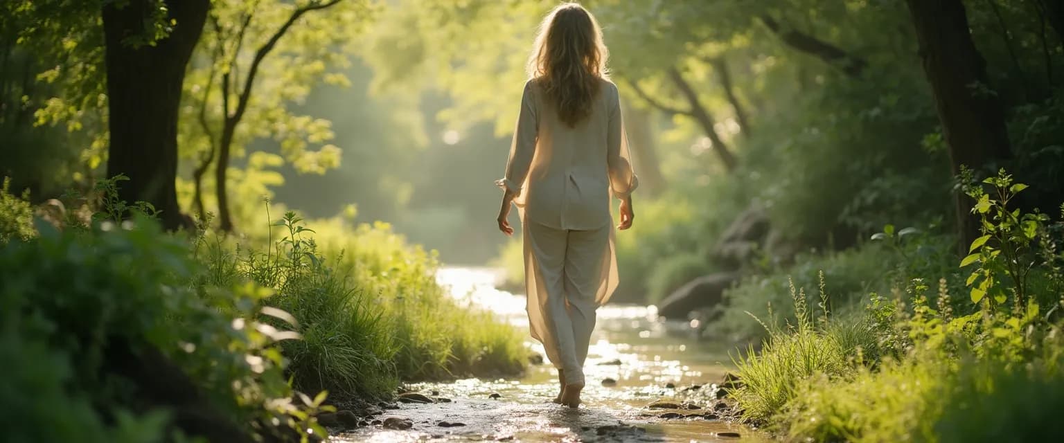 Person practicing walking mindfulness meditation outdoors