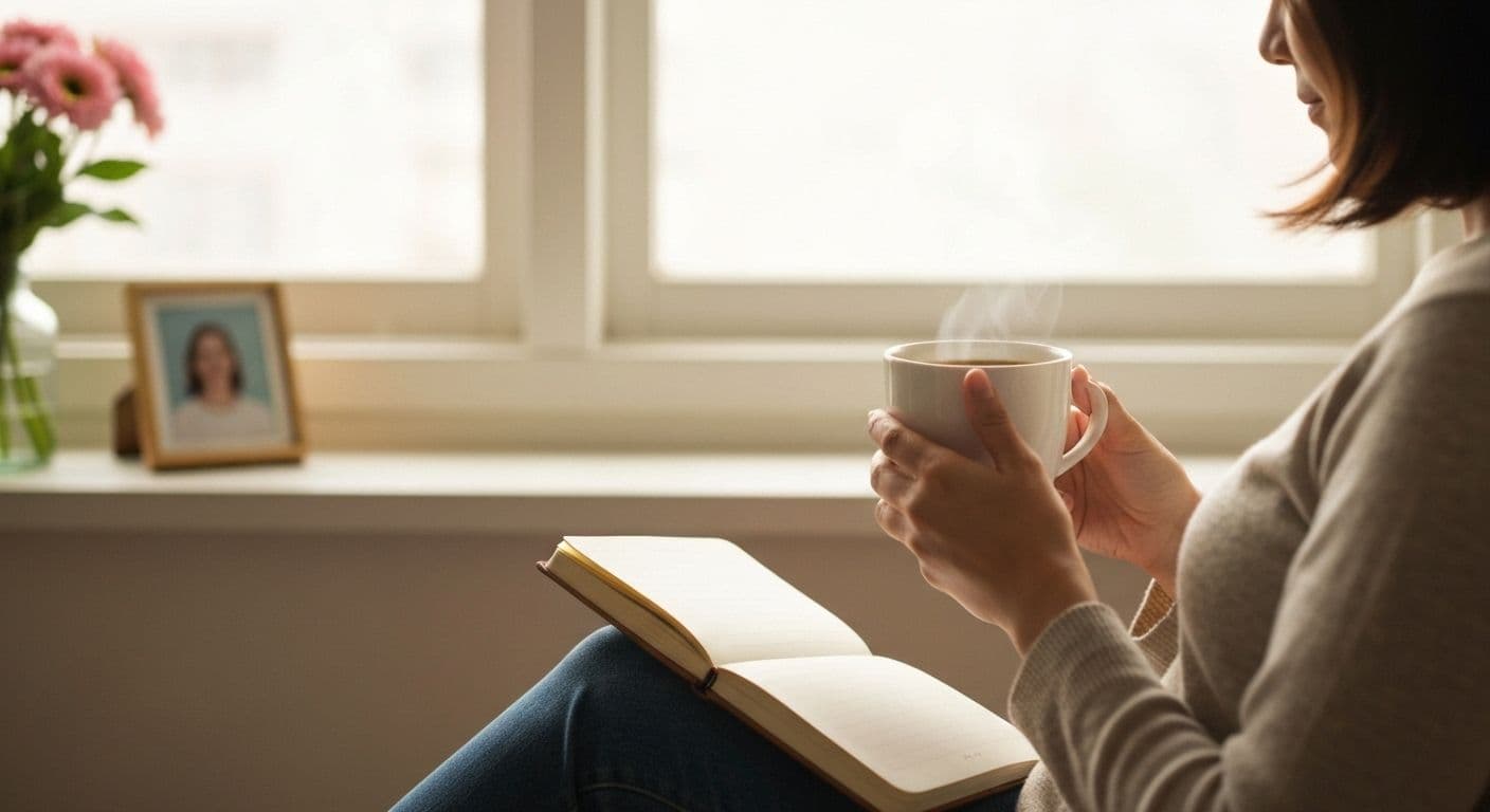 Person creating new morning routine and daily habits 1 month after breakup while reflecting positively