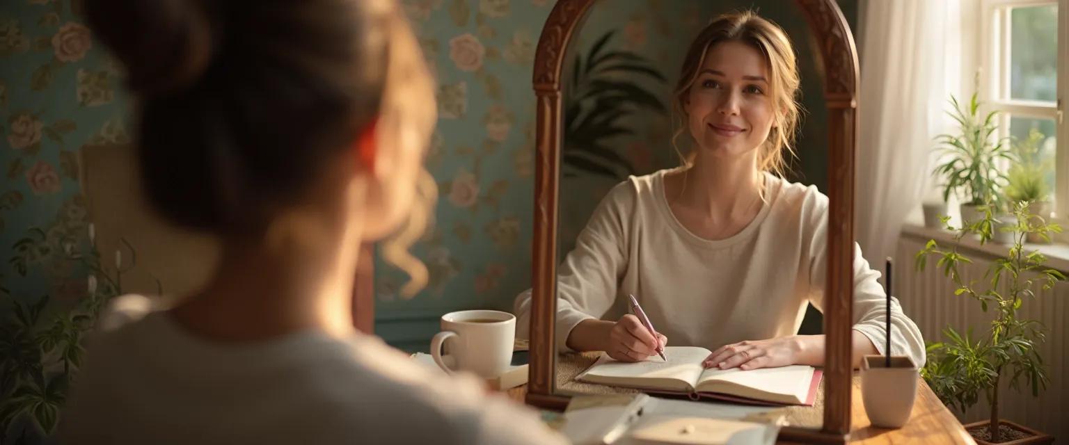 Person practicing self-awareness and confidence building techniques with mirror and journal