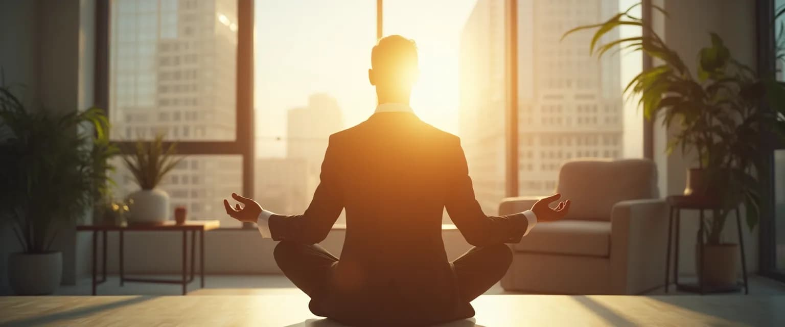 Professional practicing spiritual self-awareness at desk with calm expression