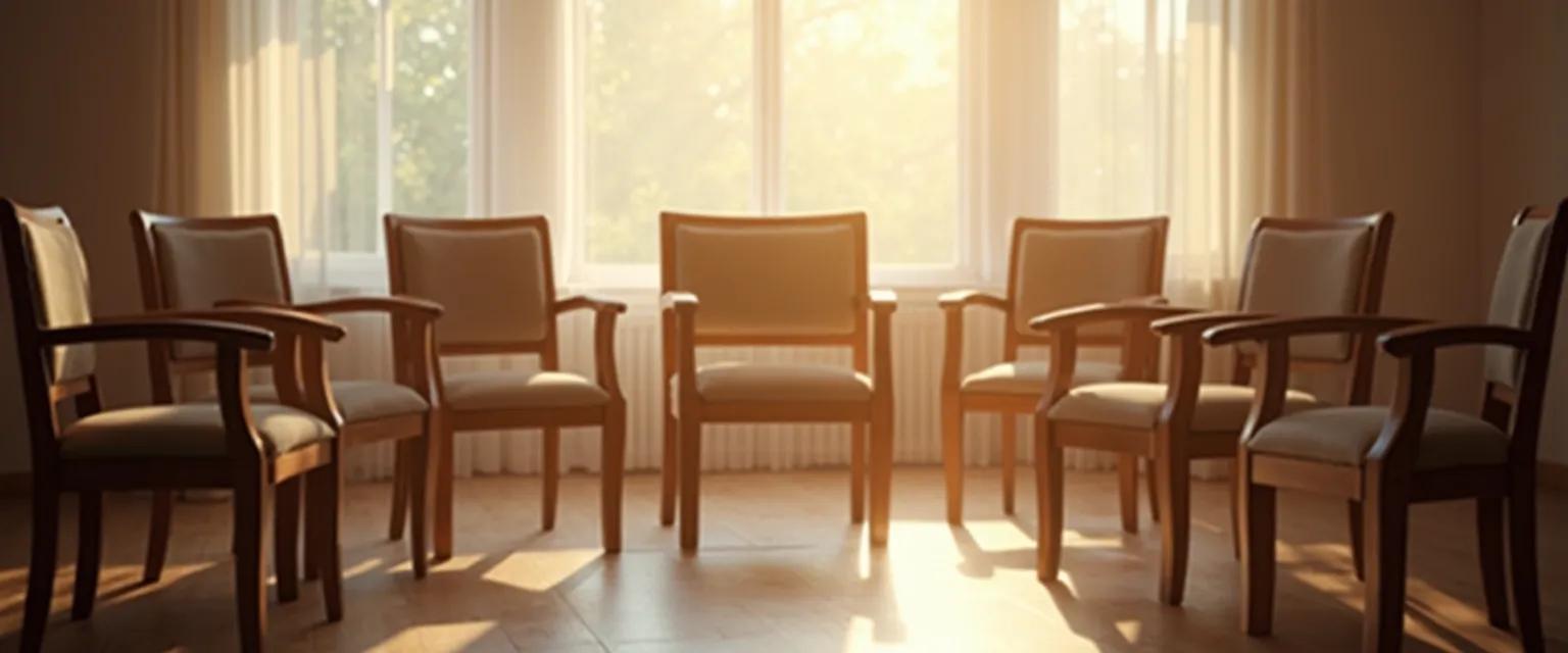 Supportive circle of people in a grief share group providing comfort and understanding