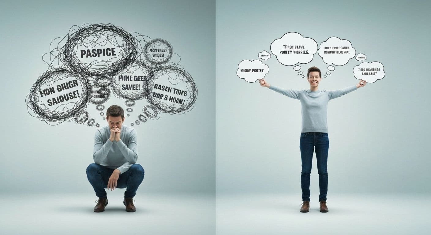 Person practicing self help awareness by observing their inner dialogue and self-talk patterns