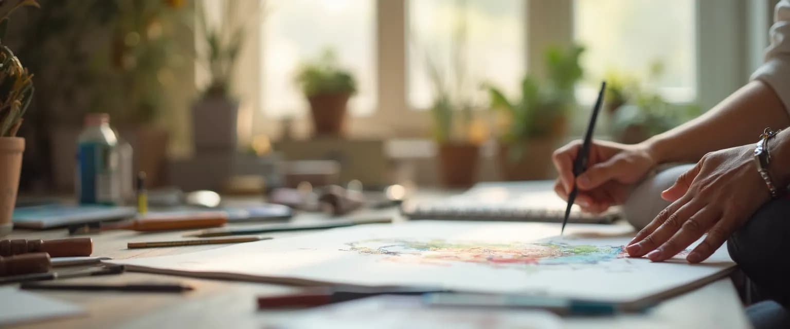 Artist practicing arti mindfulness techniques while creating colorful artwork