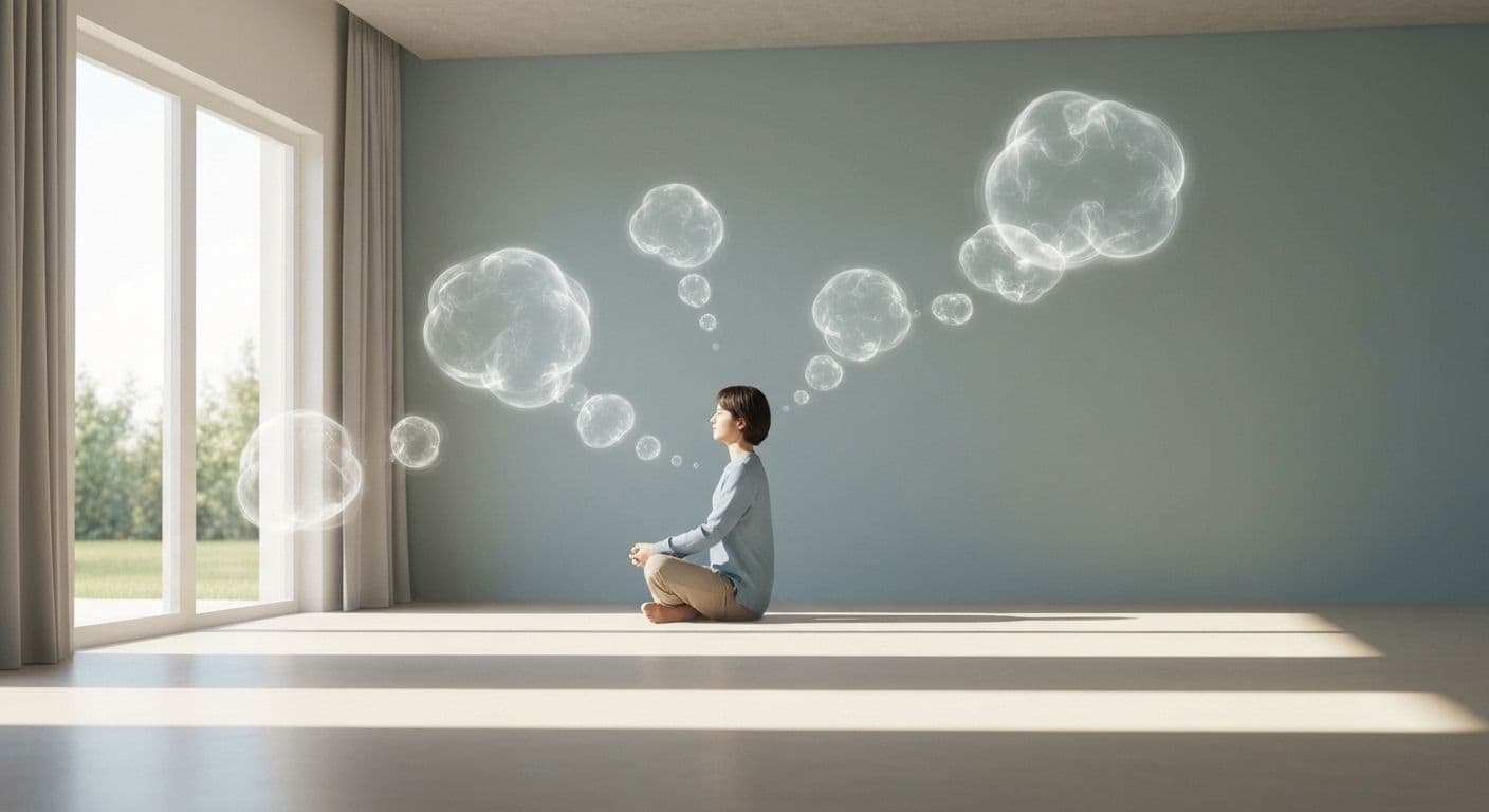 Person calmly exploring their mind through mindful observation without feeling overwhelmed