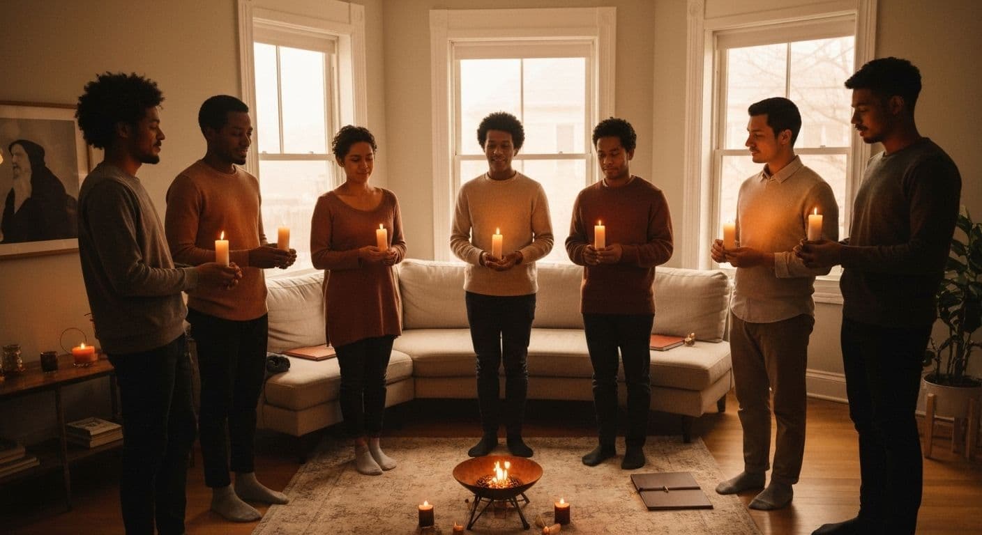 Friends gathered in circle at meaningful breakup party with candles and vision board materials