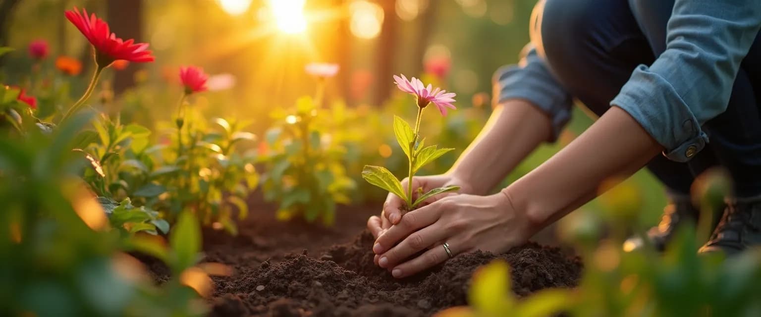 Woman planting flowers in garden while healing after heartbreak