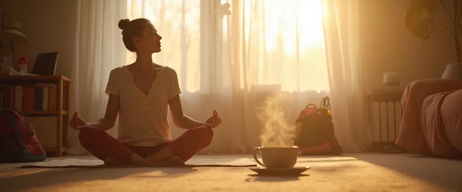 Parent practicing mindfulness stress reduction technique during busy morning routine