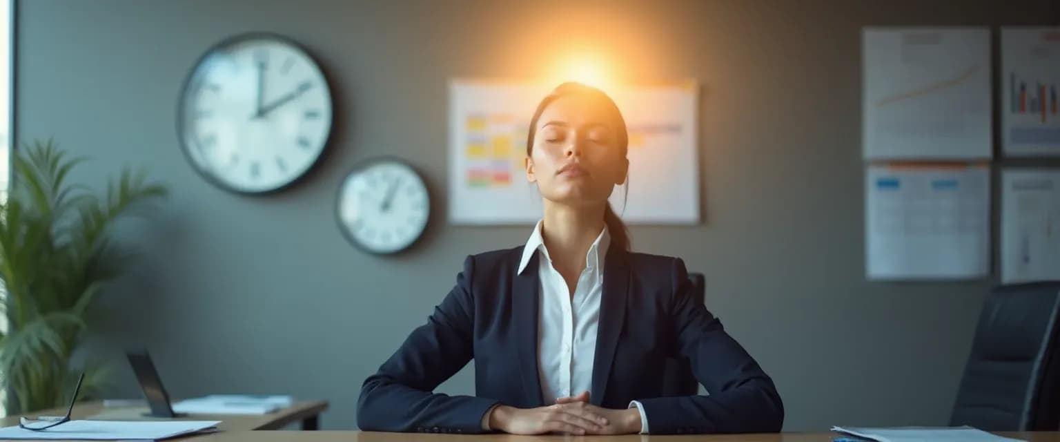 Professional practicing mind fitness exercises between meetings for mental clarity