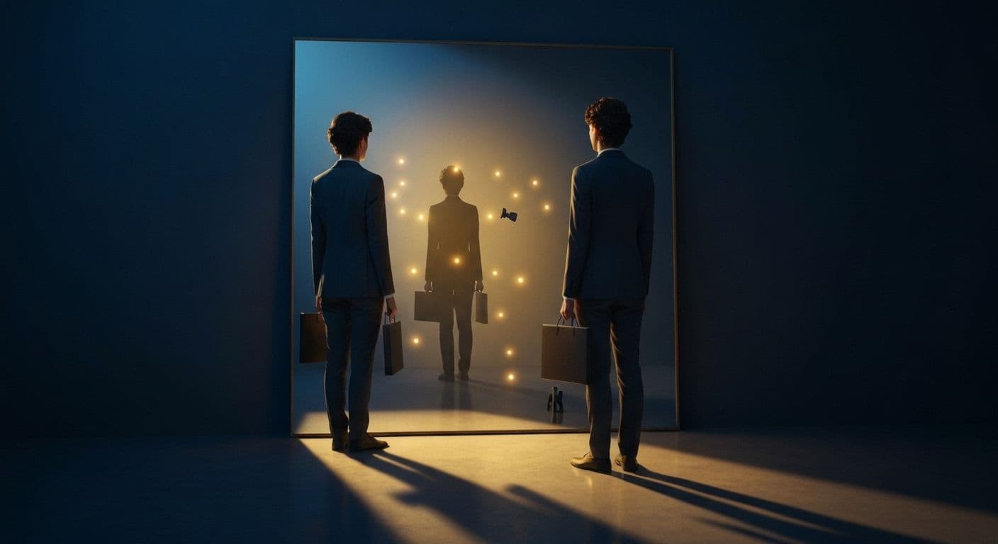 Person looking in mirror discovering blind spots representing low self awareness and personal growth