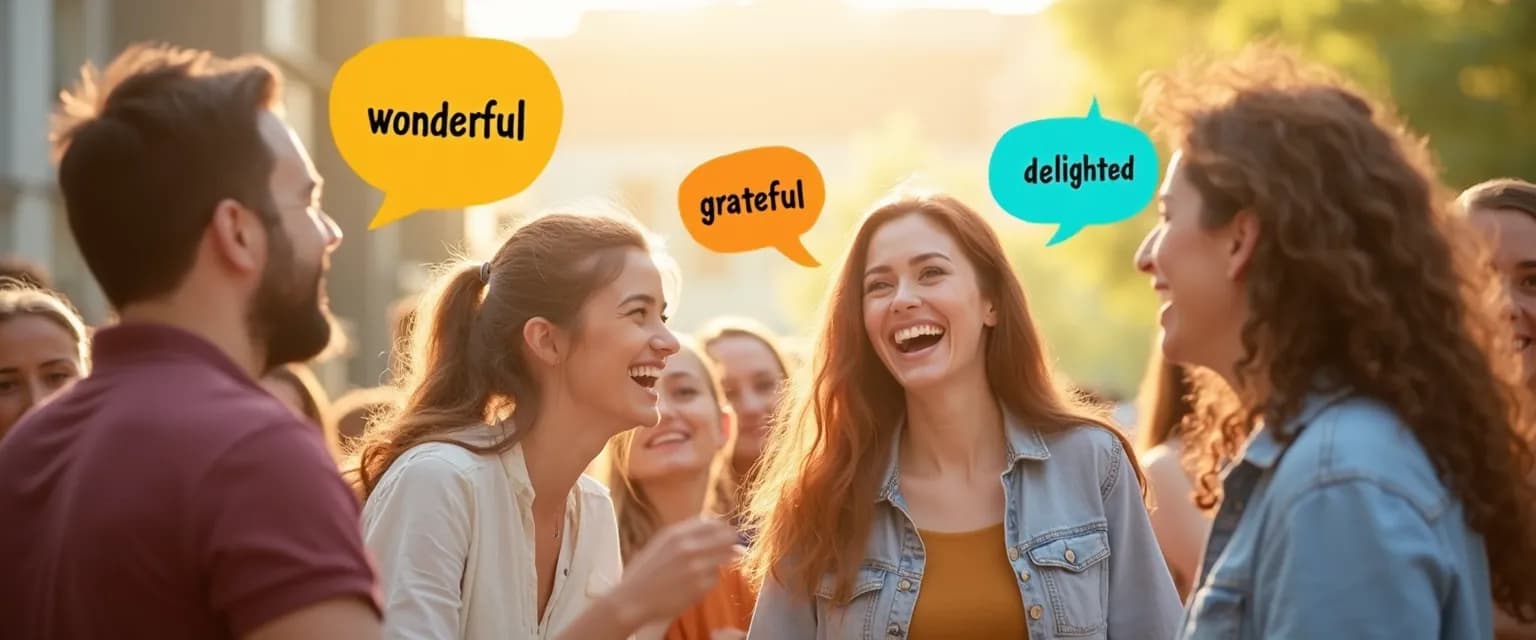 Person using happy words in conversation with speech bubbles showing positive language