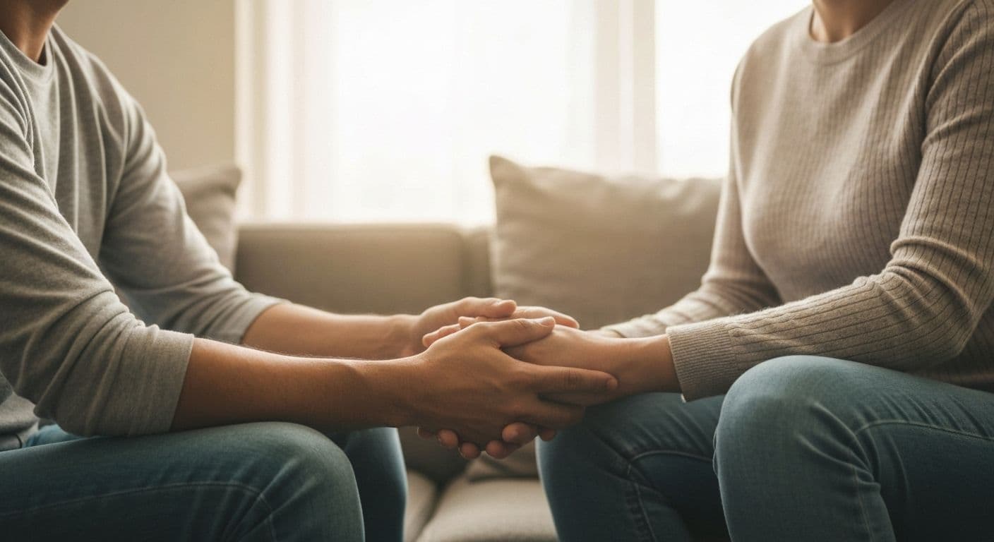Two friends sitting together in supportive silence, illustrating what to say for a friend who lost a loved one