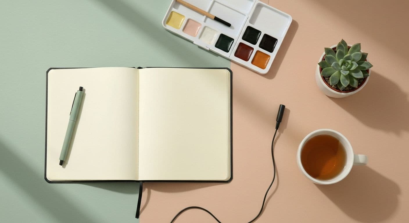 Person peacefully exploring new hobbies post breakup with art supplies and books in a calm, organized space