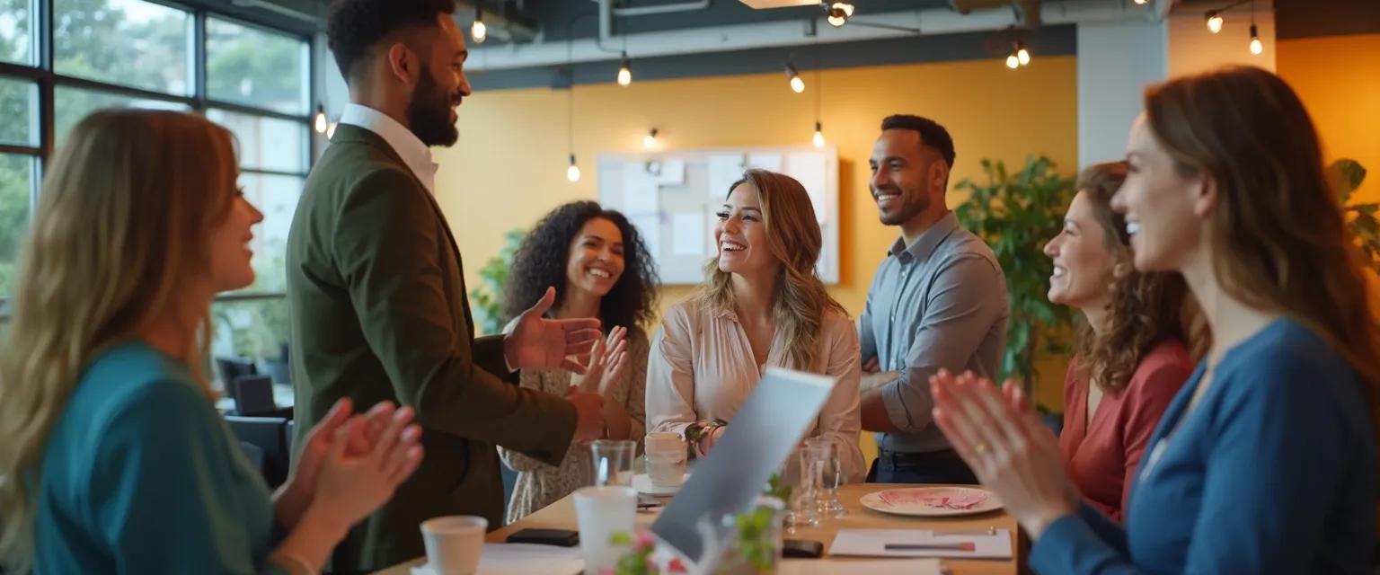 Team members engaged in an employee well-being recognition program meeting