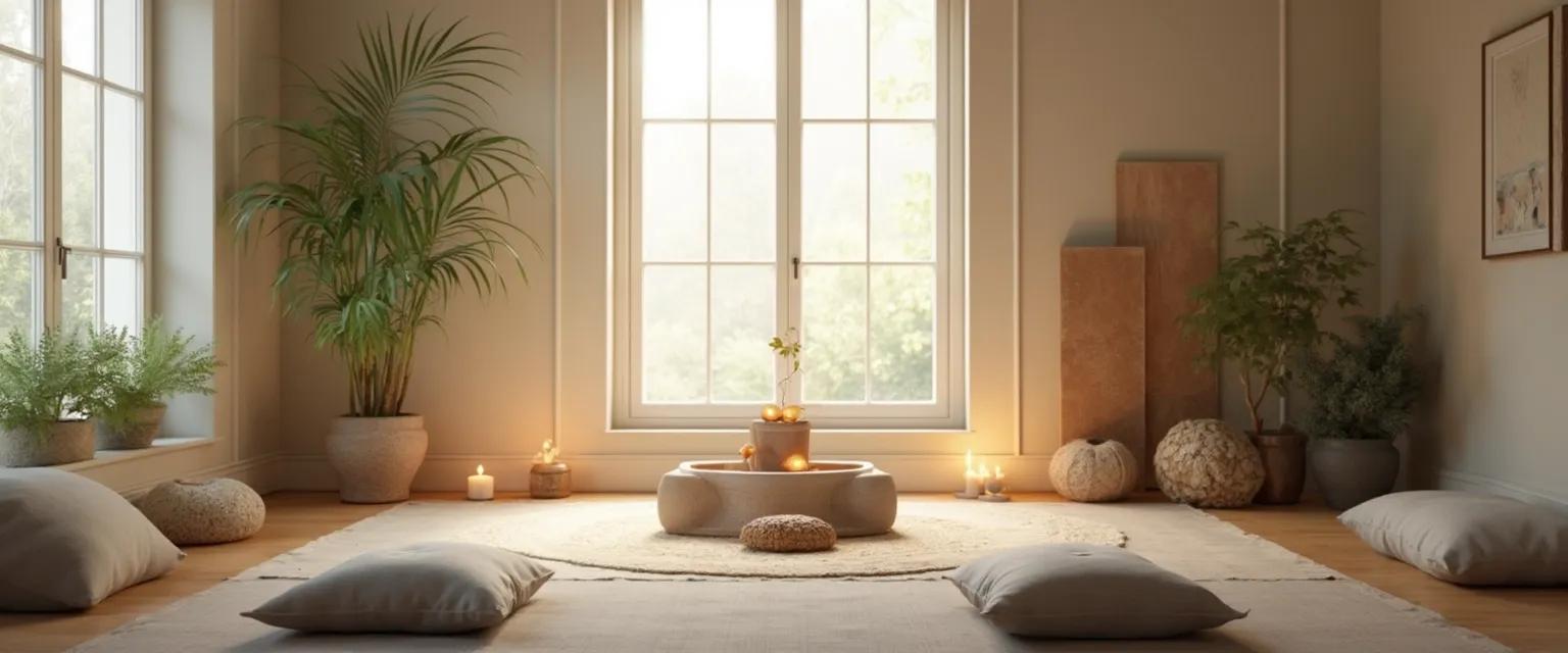 Living room transformed into Re:Mind Studio meditation space with budget-friendly elements