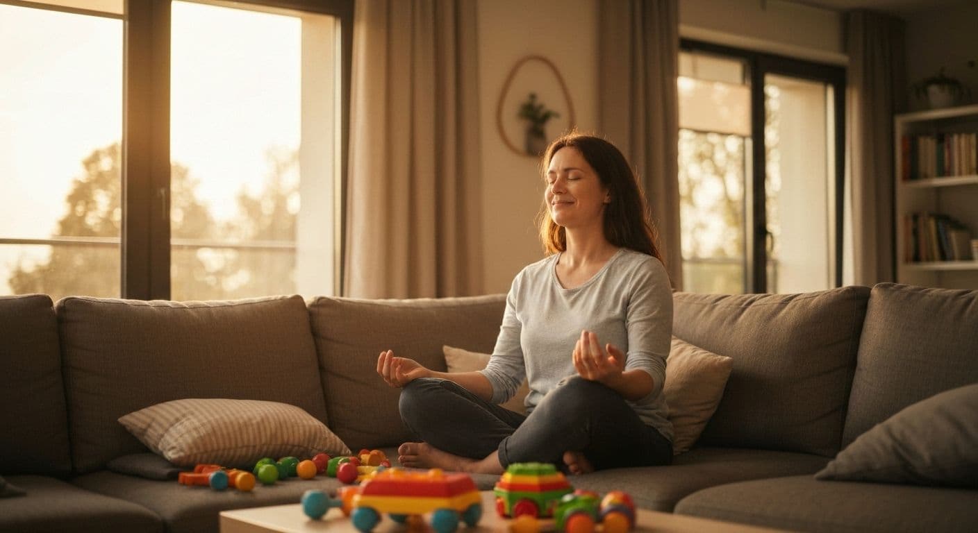 Busy parent practicing mindful elevation while preparing breakfast with children in kitchen