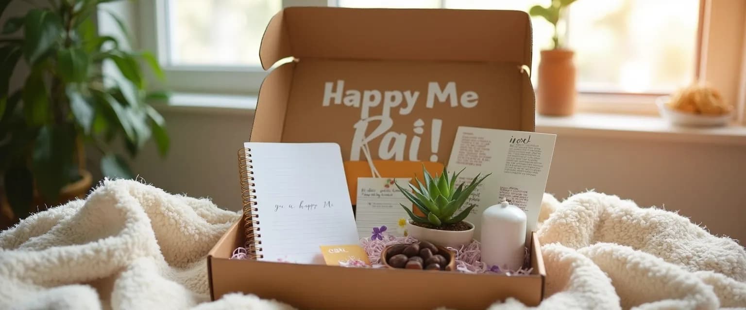 Personalized Happy Me emergency kit with mood-lifting items for emotional well-being