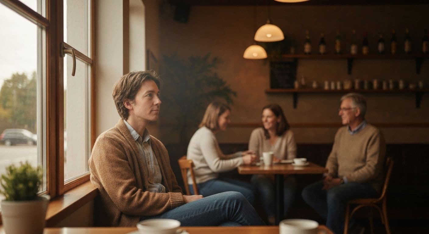 Person smiling genuinely while having coffee with a friend, illustrating authentic social reconnection while moving on after heartbreak