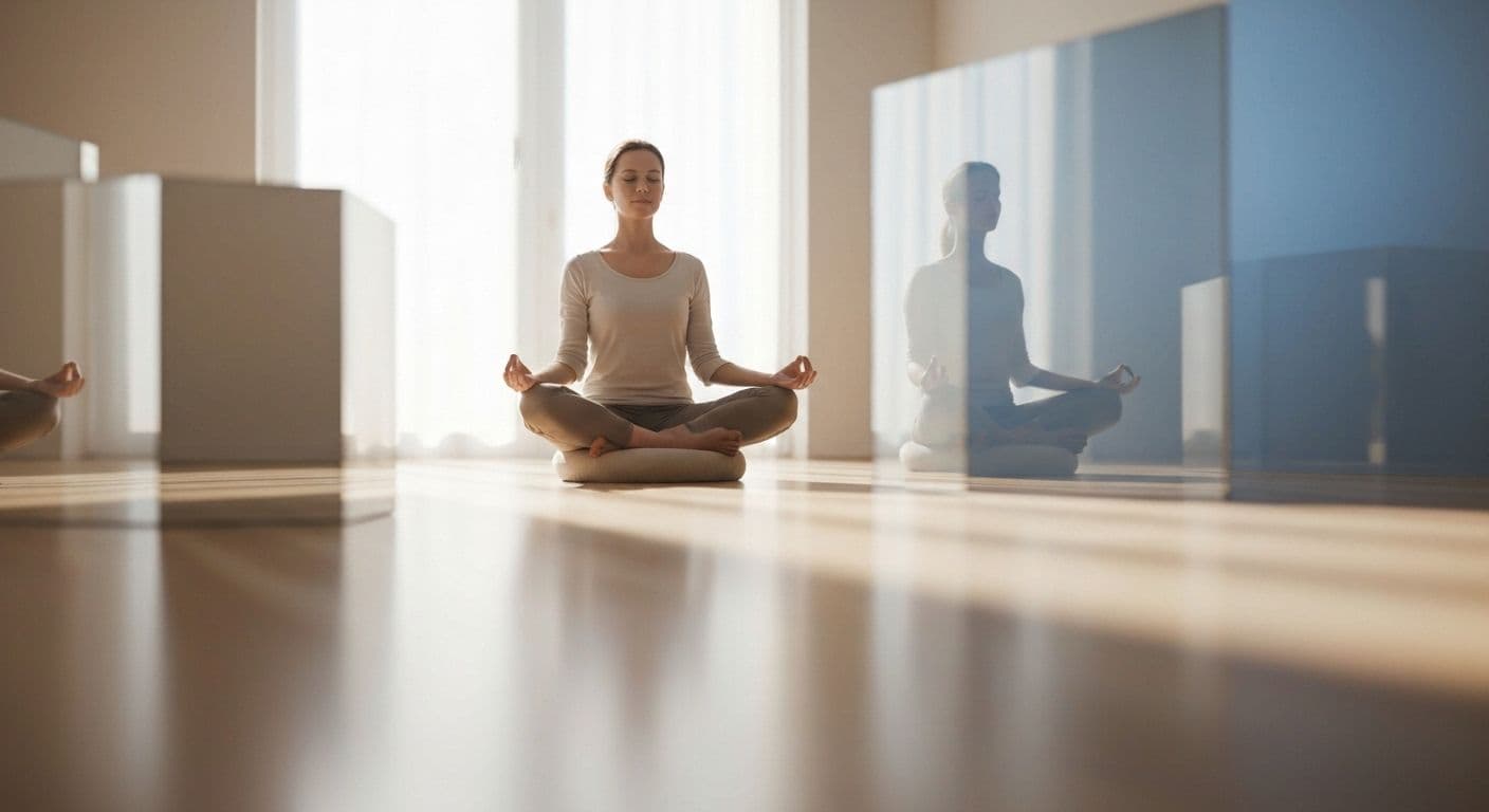 Person calmly observing their thoughts, illustrating self awareness behaviors without overthinking