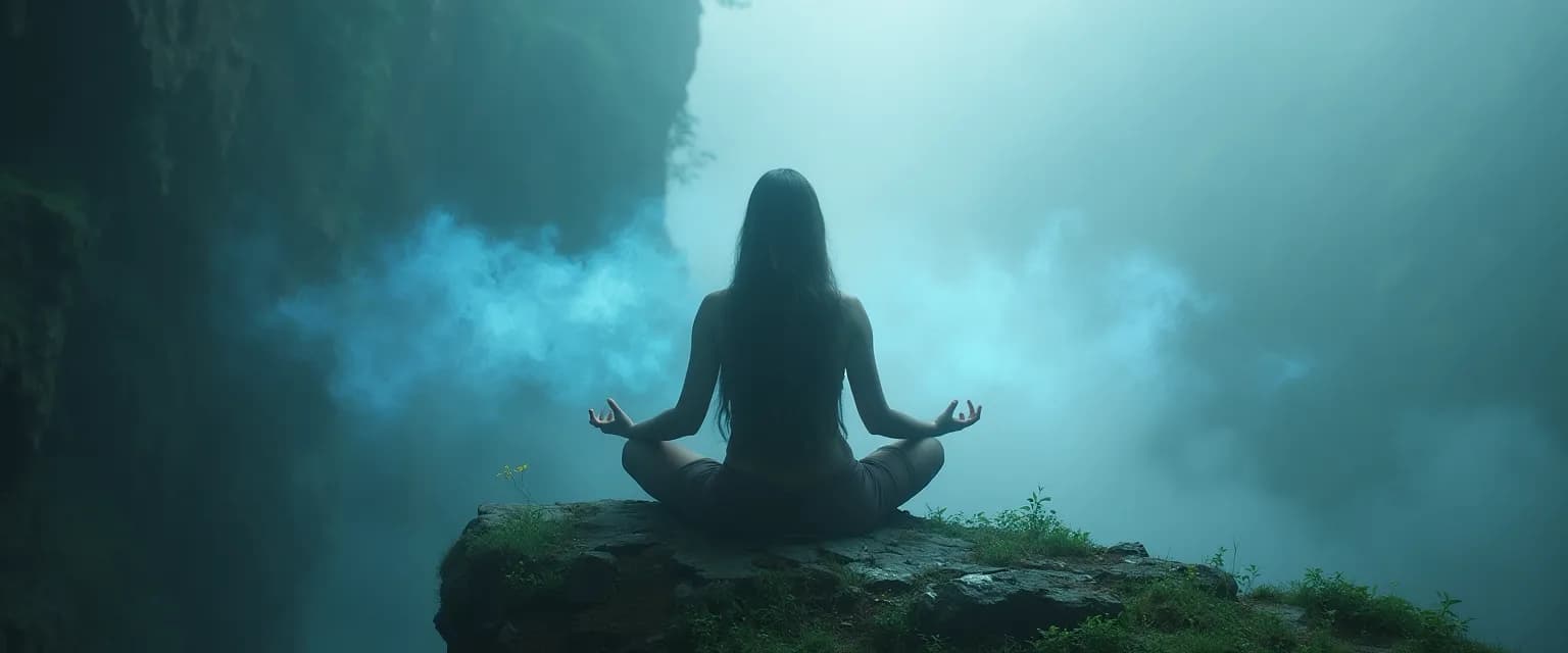 Person practicing Big Mind breathing technique for stress relief in office setting