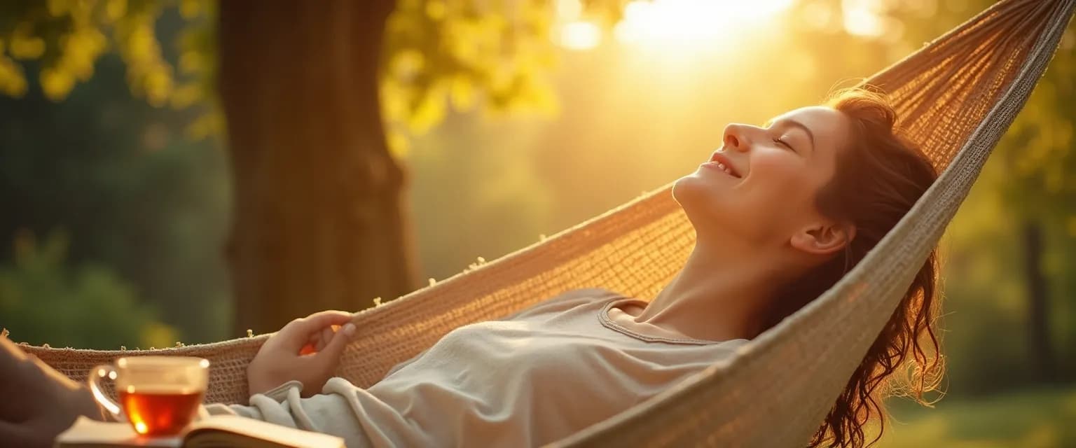 Person experiencing calm happiness with text 'I just want to be happy' overlaid on peaceful scene