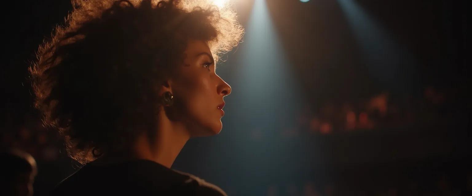 Performer using confidence techniques before going on stage for public performance