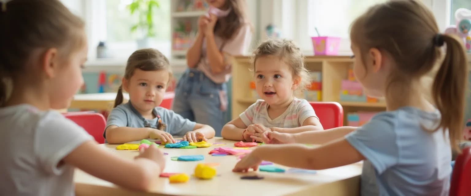 Teacher demonstrating playful activities for teaching self-awareness to preschoolers in a classroom setting