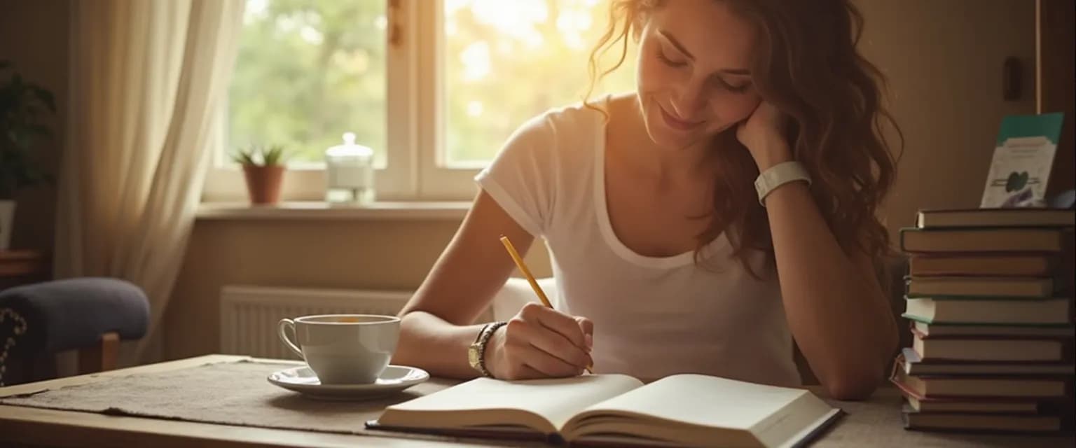 Woman practicing self-guided breakup therapy techniques at home with notebook and relaxation tools
