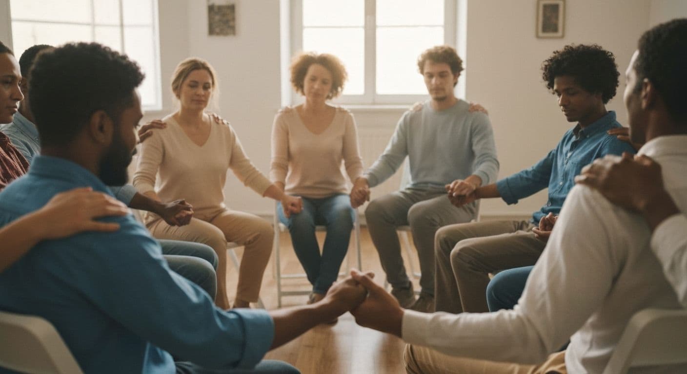 People sitting in a circle at griefshare grief recovery support groups session sharing experiences and healing together