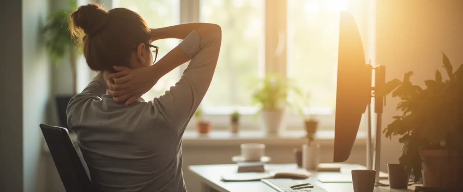 Professional demonstrating desk-side stretches for workplace health and well-being to reduce eye strain
