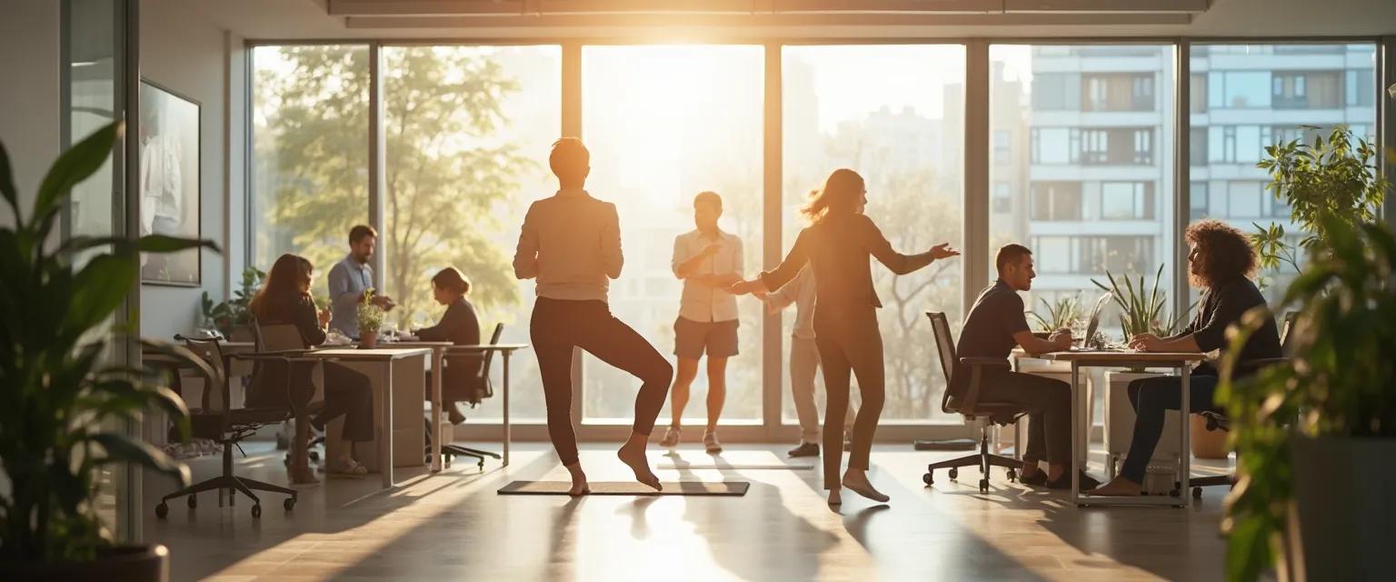 Team enjoying employee health and well being activities in a modern workplace