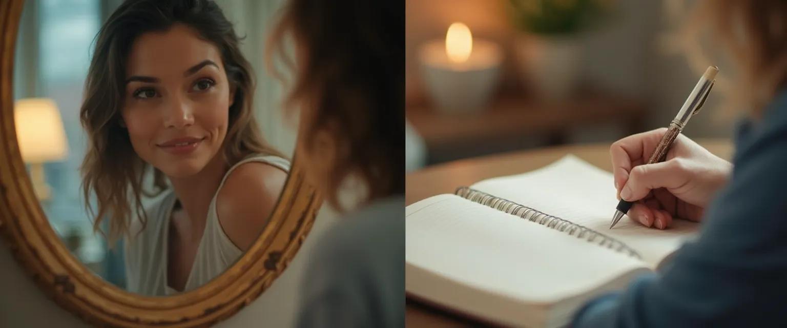 Woman practicing self-awareness self-confidence techniques with mirror work and journaling