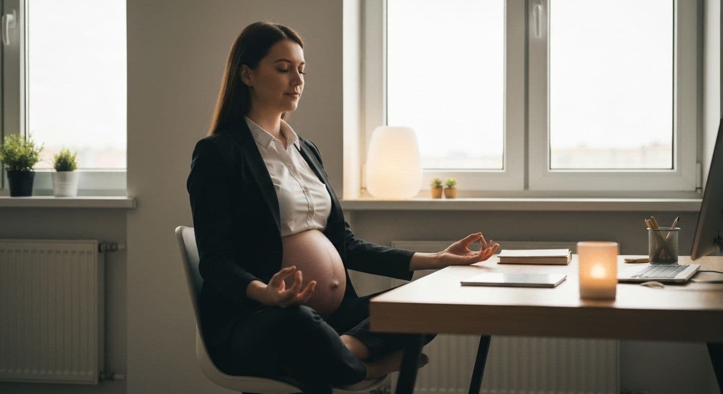 Pregnant professional practicing mindful hypnobirthing breathing exercises at desk during work break