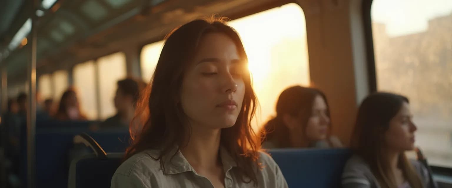 Person practicing being mindful during their daily commute with a peaceful expression