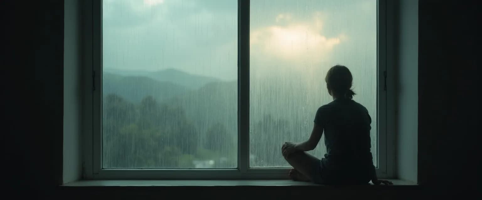 Woman experiencing delayed grief symptoms looking out window contemplatively