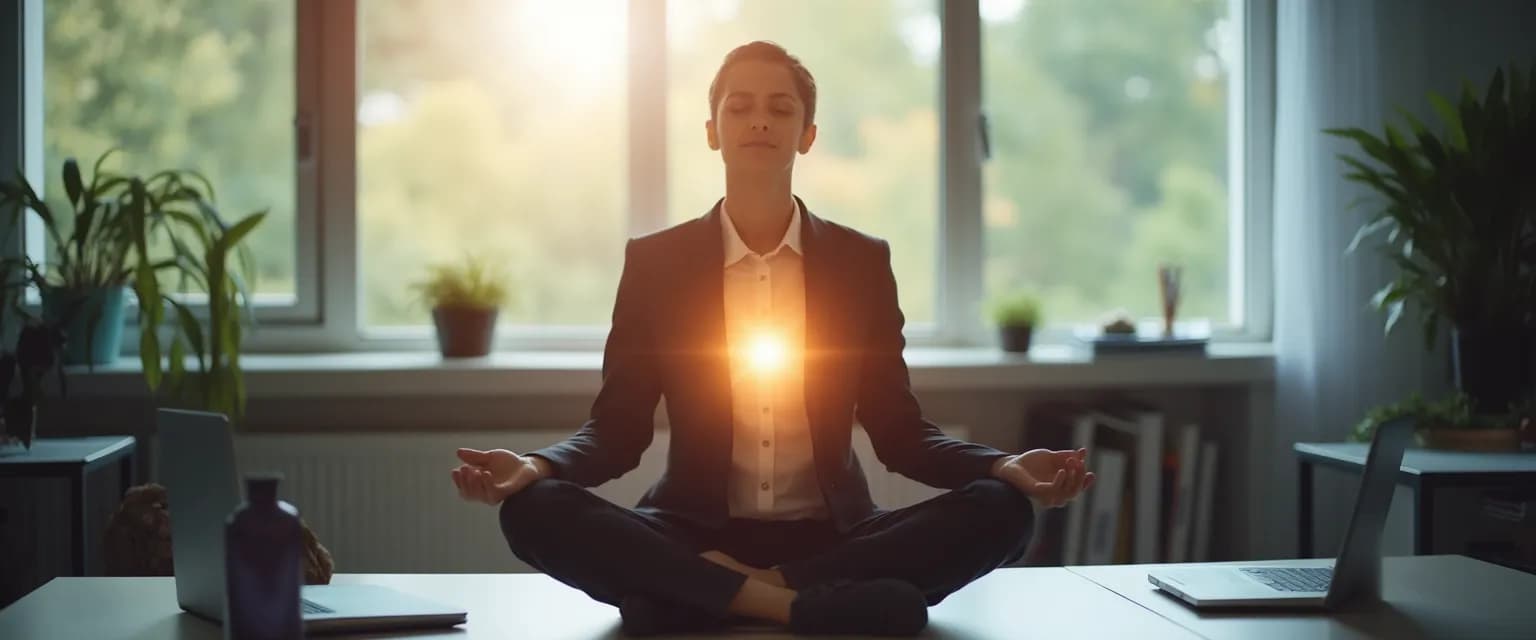Professional practicing loving kindness guided meditation at desk in office setting