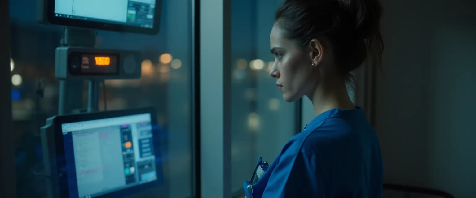 NHS healthcare professional practicing self-awareness techniques during night shift