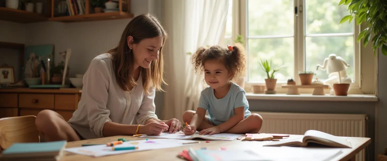 Parent and child engaging in mindful learning activity at home