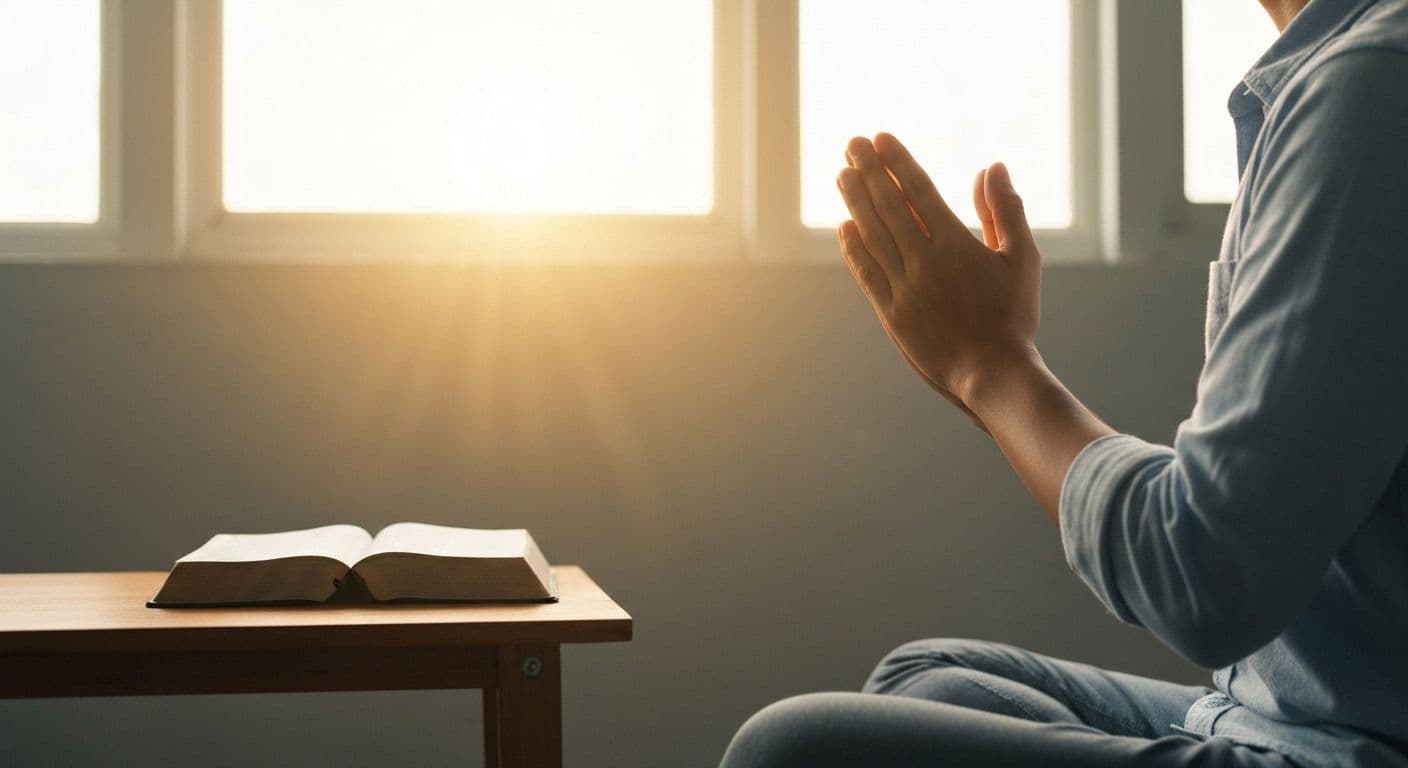 Person practicing Christian mindfulness meditation during daily prayer time in peaceful setting