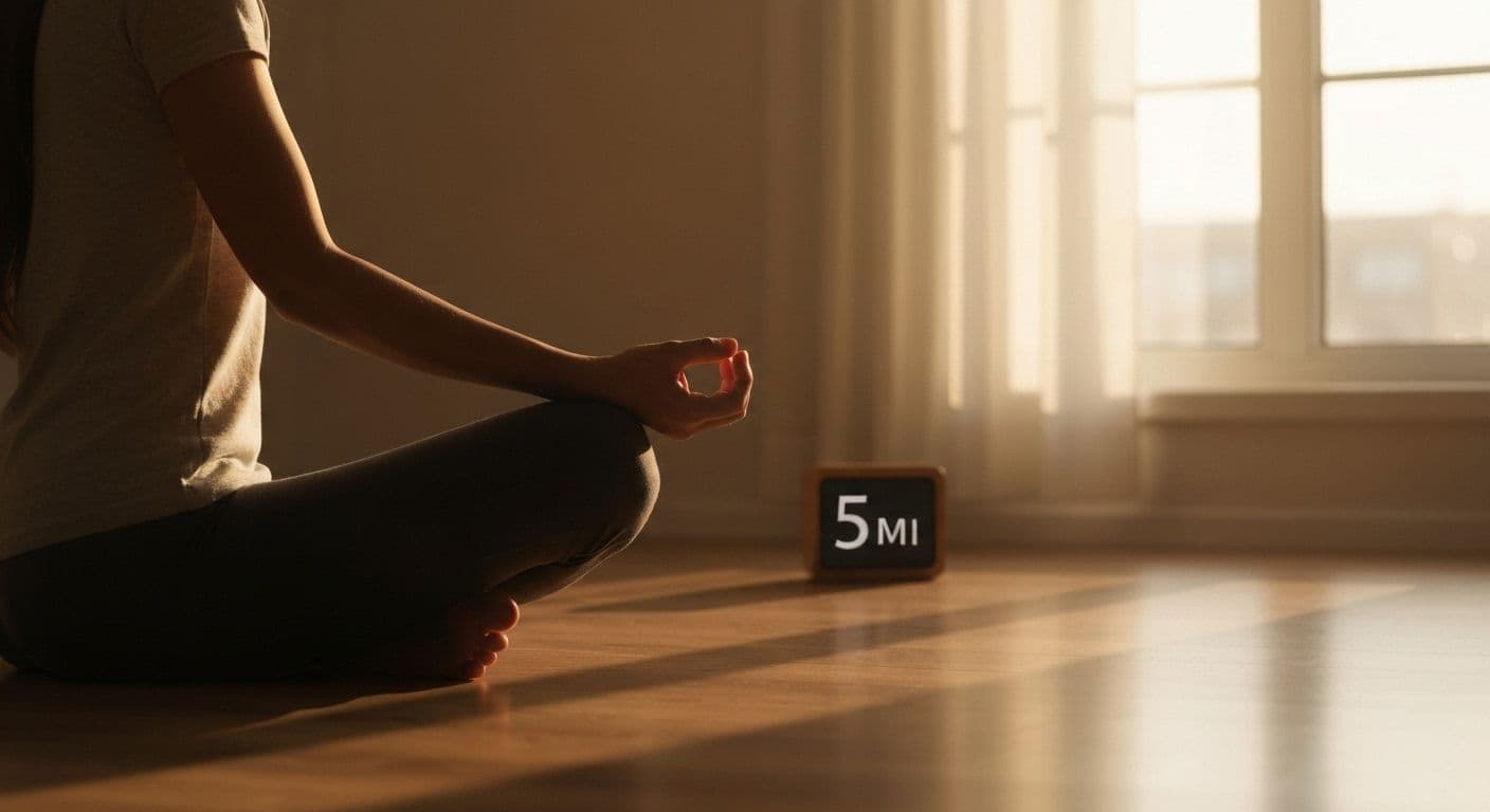 Person practicing meditation and self awareness with peaceful expression during 5-minute session