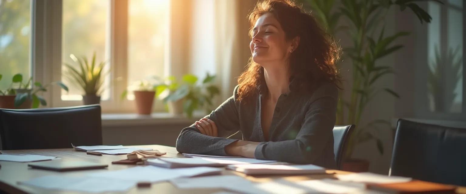Professional using the pause breathe smile technique during a high-pressure workplace meeting