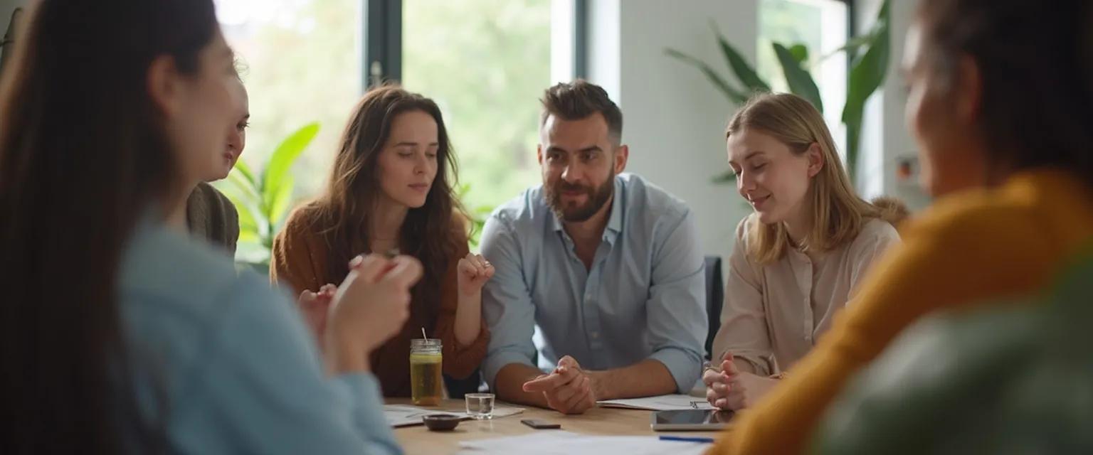 Team experiencing a mindful minute during a productive business meeting