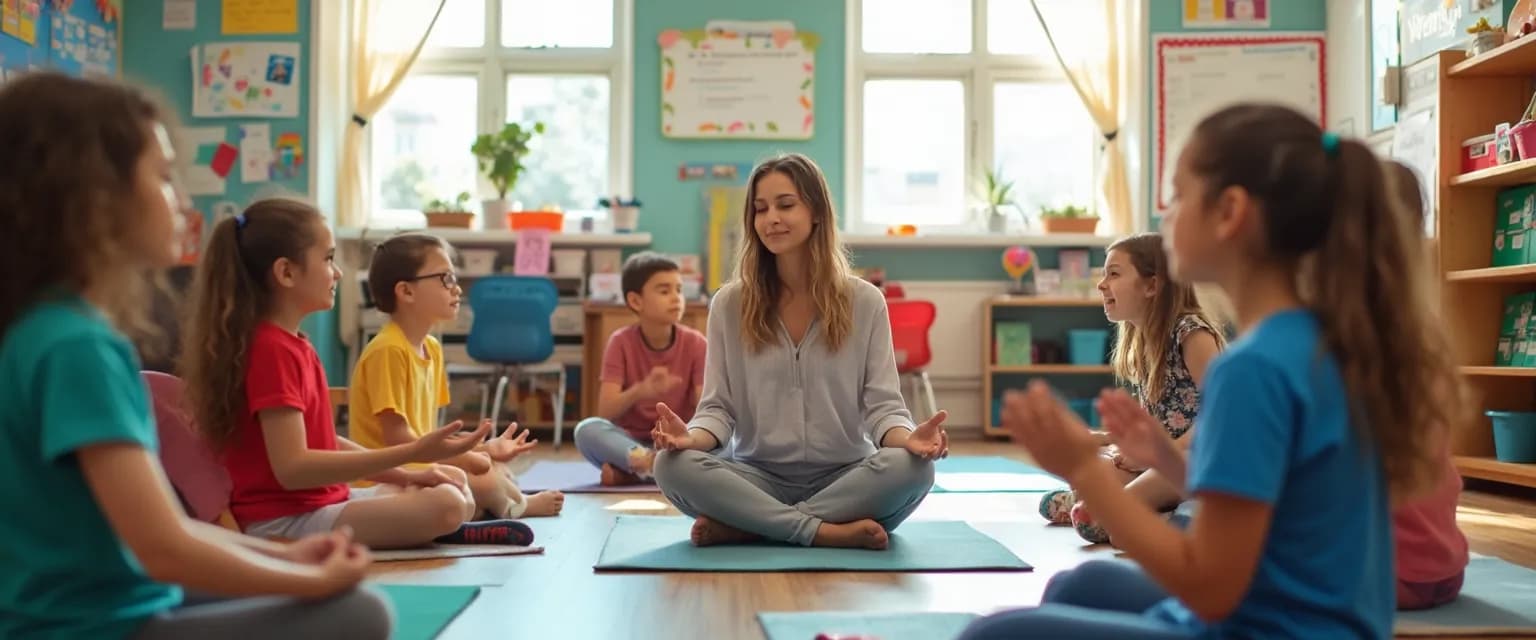 Teacher leading students in a GoNoodle mindfulness activity during classroom transition time