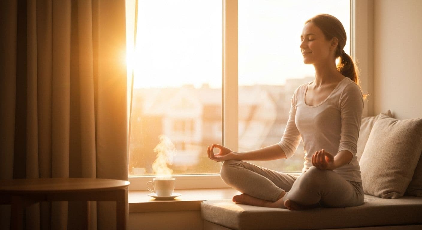 Person practicing pause breathe smile technique during peaceful morning routine with coffee