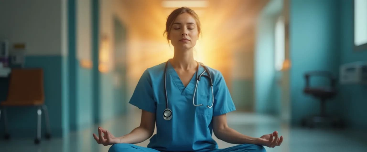 Healthcare professional practicing Sharon Salzberg meditation technique during work break