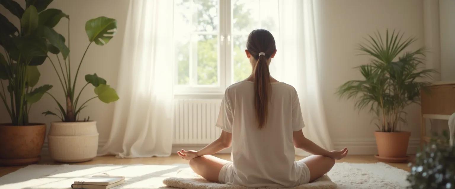 Person practicing mindset therapy techniques at home with calm expression