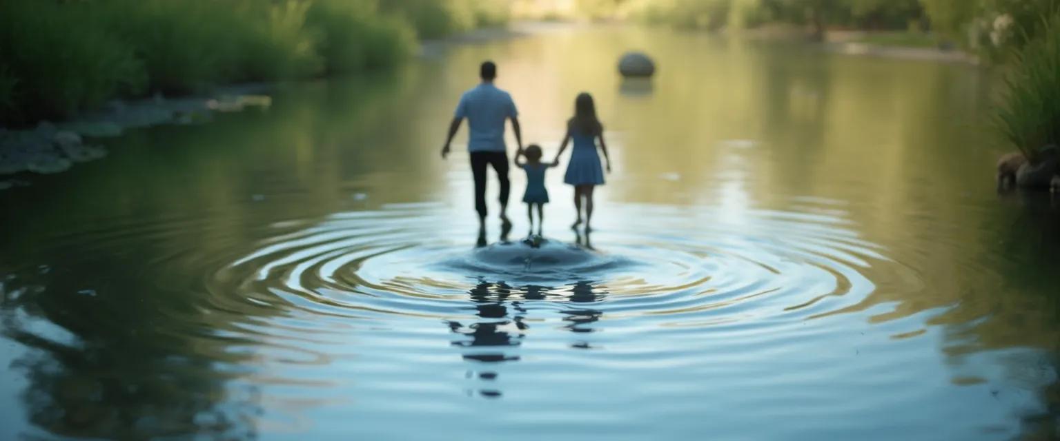 Parent demonstrating mind like water calm while children play energetically